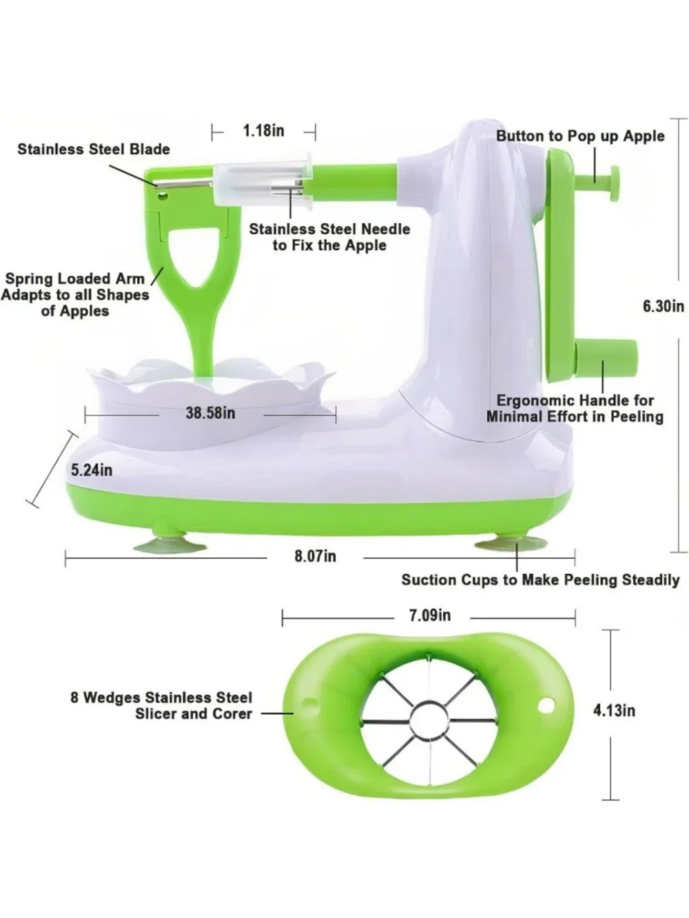 8-Wedge Apple Peeler & Slicer, Stainless Steel Blades, Strong Suction Base, 2